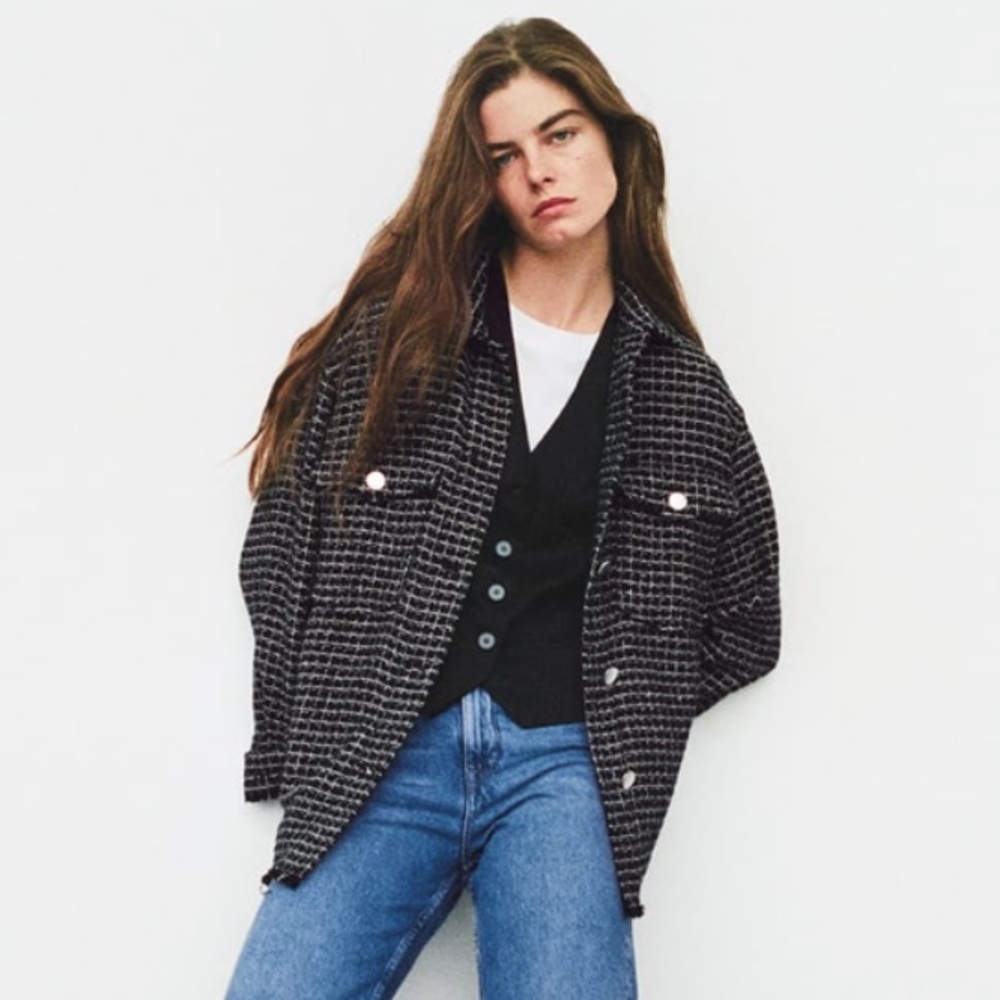 Zara Black & White Check Utility Jacket